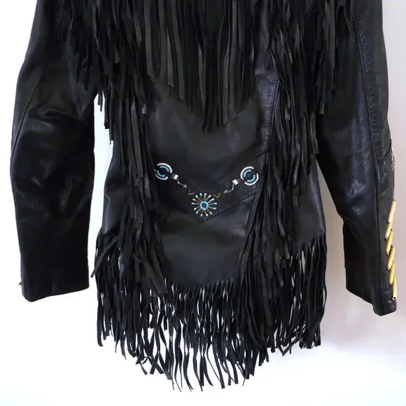 A. M. Bernardo Women's Black Leather Beaded Fringe Hippie Motorcycle Jacket XS - Picture 9 of 9